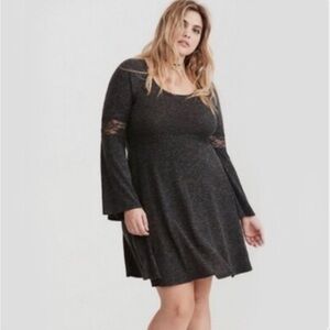 Torrid Hacci Knit Skater Dress Large Charcoal Gray Lace Bell Sleeve Long Sleeve